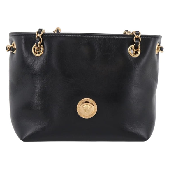 VERSACE Chain Shoulder Bag Leather Black Gold Tone Auth BA15376V