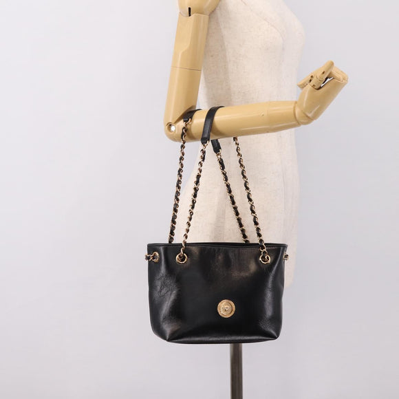 VERSACE Chain Shoulder Bag Leather Black Gold Tone Auth BA15376V