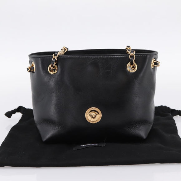VERSACE Chain Shoulder Bag Leather Black Gold Tone Auth BA15376V