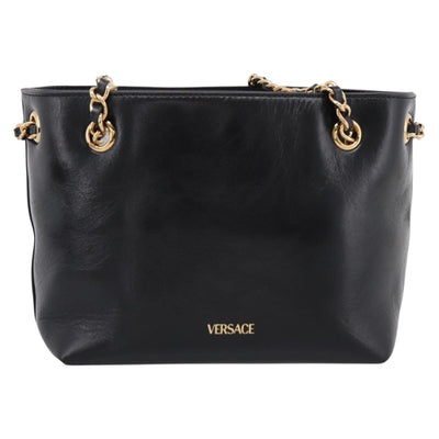 VERSACE Chain Shoulder Bag Leather Black Gold Tone Auth BA15376V - 0