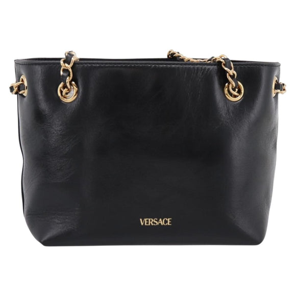 VERSACE Chain Shoulder Bag Leather Black Gold Tone Auth BA15376V
