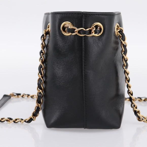 VERSACE Chain Shoulder Bag Leather Black Gold Tone Auth BA15376V