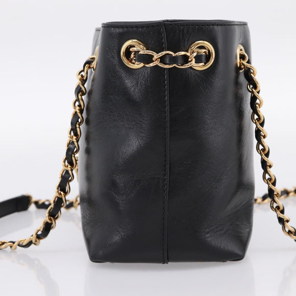 VERSACE Chain Shoulder Bag Leather Black Gold Tone Auth BA15376V