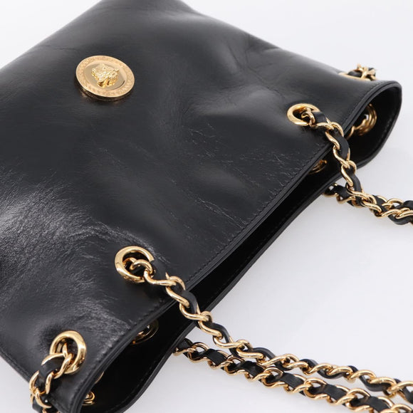 VERSACE Chain Shoulder Bag Leather Black Gold Tone Auth BA15376V