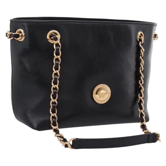 VERSACE Chain Shoulder Bag Leather Black Gold Tone Auth BA15377V