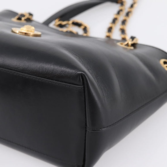 VERSACE Chain Shoulder Bag Leather Black Gold Tone Auth BA15377V