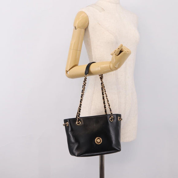 VERSACE Chain Shoulder Bag Leather Black Gold Tone Auth BA15377V