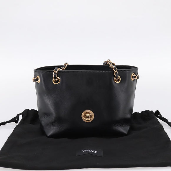 VERSACE Chain Shoulder Bag Leather Black Gold Tone Auth BA15377V