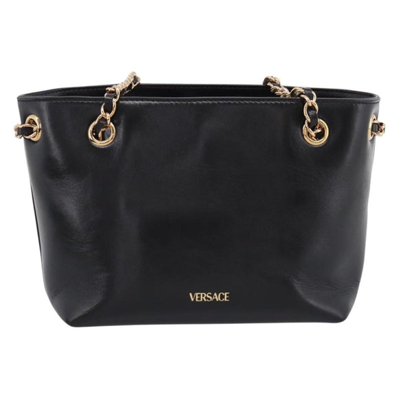 VERSACE Chain Shoulder Bag Leather Black Gold Tone Auth BA15377V