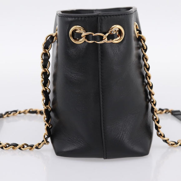 VERSACE Chain Shoulder Bag Leather Black Gold Tone Auth BA15377V
