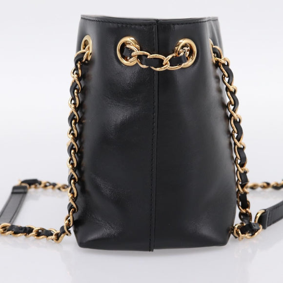 VERSACE Chain Shoulder Bag Leather Black Gold Tone Auth BA15377V