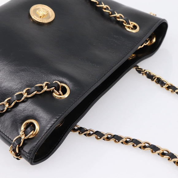 VERSACE Chain Shoulder Bag Leather Black Gold Tone Auth BA15377V