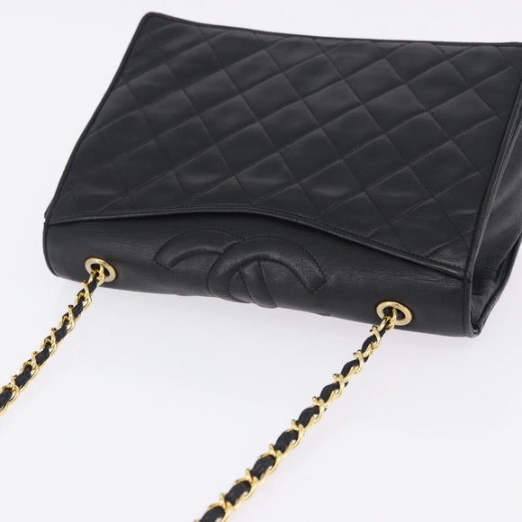 CHANEL Lamb Skin Matelasse Chain Shoulder Bag Black Gold Tone CC Auth BA15379A