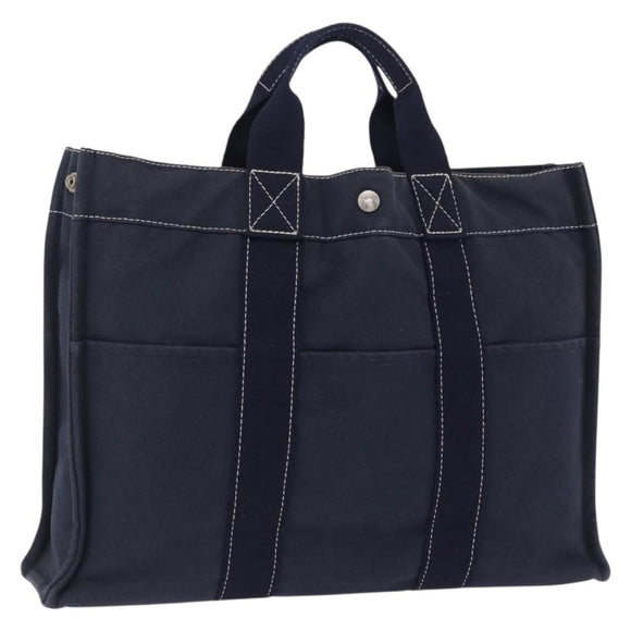 HERMES Fourre Tout MM Hand Bag Canvas Navy Silver Auth BA15383