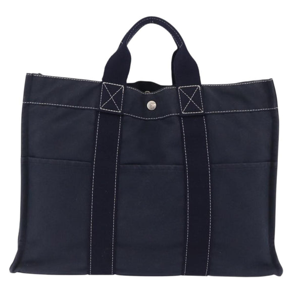 HERMES Fourre Tout MM Hand Bag Canvas Navy Silver Auth BA15383