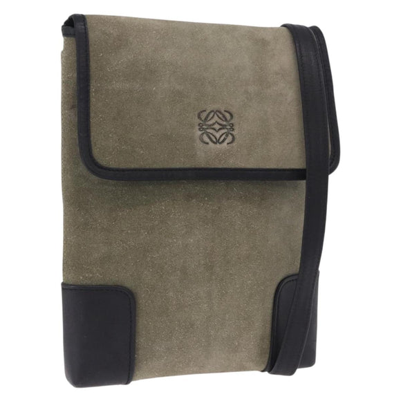 LOEWE Anagram Shoulder Bag Suede Khaki Black Auth BA15386