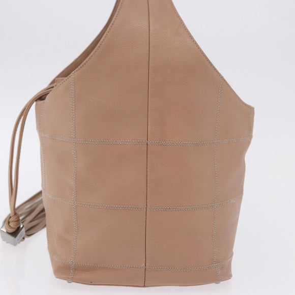 CHANEL Chocolate Bar Drawstring Bag Lamb Skin Beige Silver CC Auth BA15389V