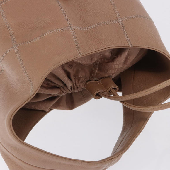 CHANEL Chocolate Bar Drawstring Bag Lamb Skin Beige Silver CC Auth BA15389V