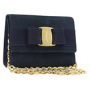 Salvatore Ferragamo Vala Ribbon Chain Shoulder Bag Suede Navy Gold Auth BA15397-1