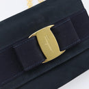 Salvatore Ferragamo Vala Ribbon Chain Shoulder Bag Suede Navy Gold Auth BA15397-14