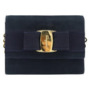 Salvatore Ferragamo Vala Ribbon Chain Shoulder Bag Suede Navy Gold Auth BA15397-2