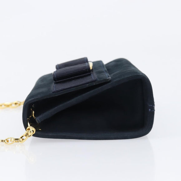 Salvatore Ferragamo Vala Ribbon Chain Shoulder Bag Suede Navy Gold Auth BA15397
