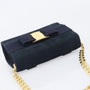 Salvatore Ferragamo Vala Ribbon Chain Shoulder Bag Suede Navy Gold Auth BA15397-6