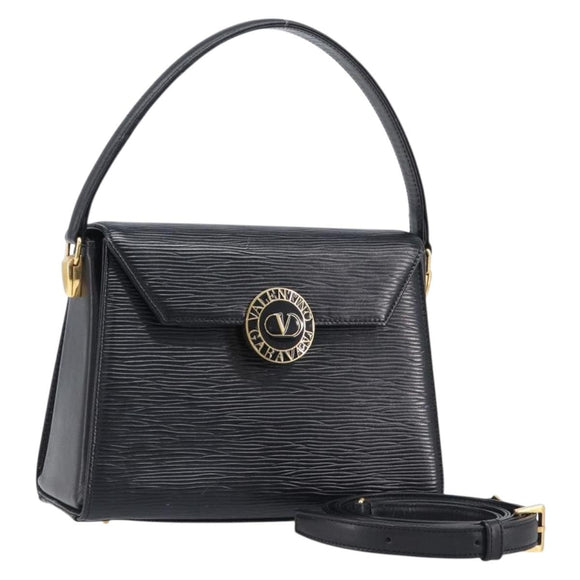 VALENTINO Hand Bag Leather 2way Black Gold Tone Auth BA15401A