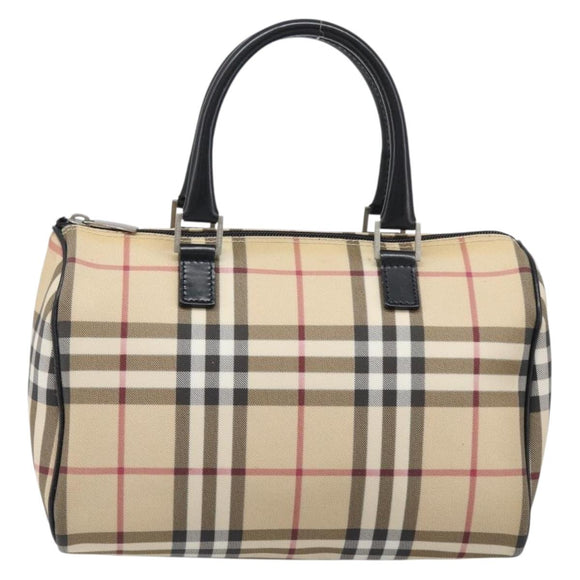 BURBERRY Nova Check Hand Bag PVC Leather Beige Silver Auth BA15411