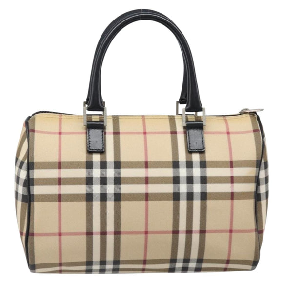 BURBERRY Nova Check Hand Bag PVC Leather Beige Silver Auth BA15411