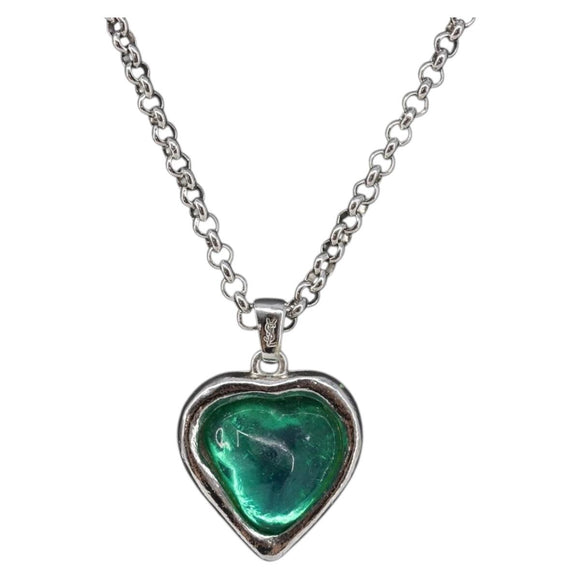 SAINT LAURENT Necklace Metal Silver Green Auth BA15462