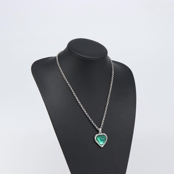 SAINT LAURENT Necklace Metal Silver Green Auth BA15462