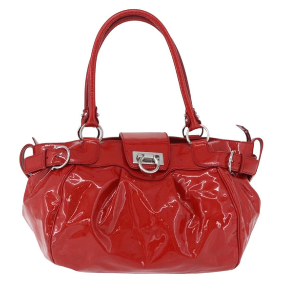Salvatore Ferragamo Gancini Hand Bag patent Red Silver Auth BA15486