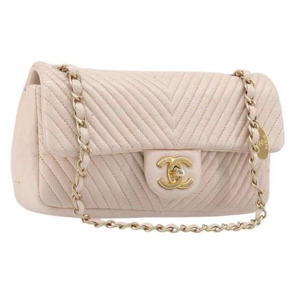 CHANEL V-stitched Chain Shoulder Bag Lamb Skin Ivory Gold Tone CC Auth BA15491V