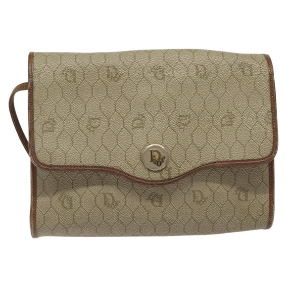 Christian Dior Honeycomb Canvas Shoulder Bag PVC Leather Beige Gold Auth BA1551