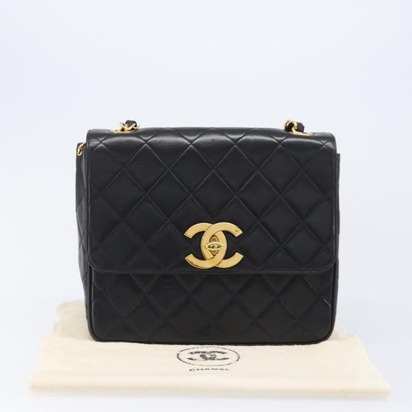 CHANEL Matelasse Chain Shoulder Bag Lamb Skin Black Gold Tone CC Auth BA15526SAV