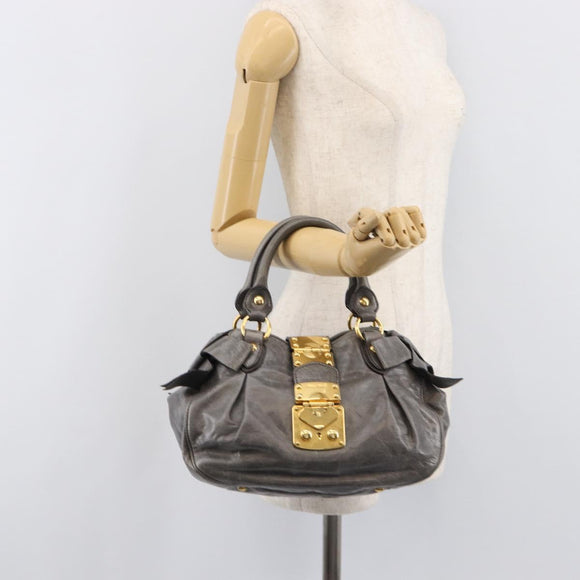 Miu Miu Hand Bag Leather Gray Gold Tone Auth BA15532V