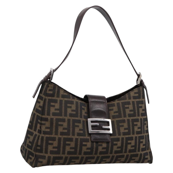 FENDI Zucca Canvas Mamma Baguette Shoulder Bag Black Silver Auth BA15572A