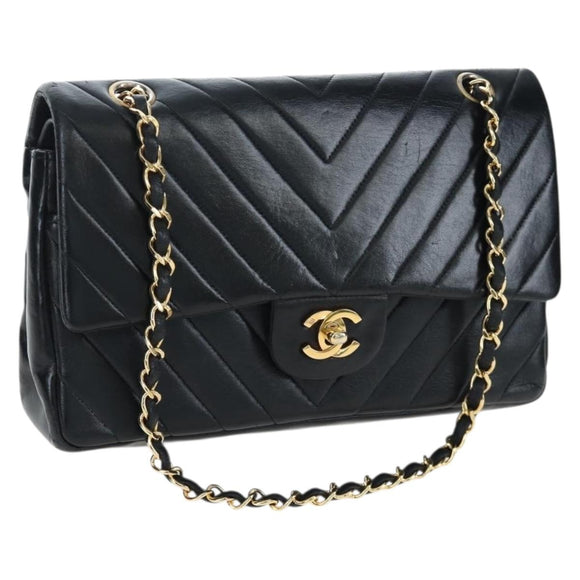 CHANEL V-stitch Chevron Double Flap Matelasse 25 Chain Shoulder Auth BA15583V