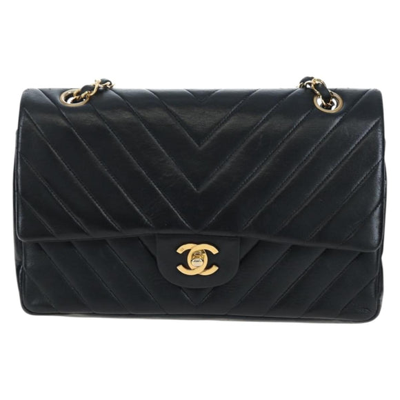 CHANEL V-stitch Chevron Double Flap Matelasse 25 Chain Shoulder Auth BA15583V
