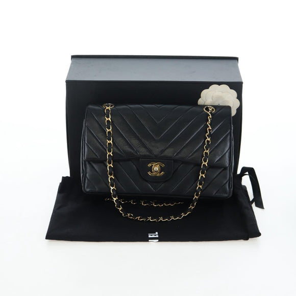 CHANEL V-stitch Chevron Double Flap Matelasse 25 Chain Shoulder Auth BA15583V