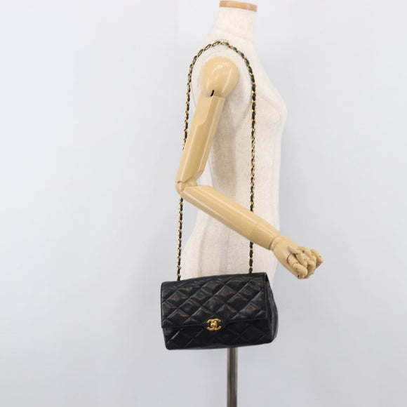CHANEL Matelasse Chain Shoulder Bag Lamb Skin Black Gold Tone CC Auth BA15584