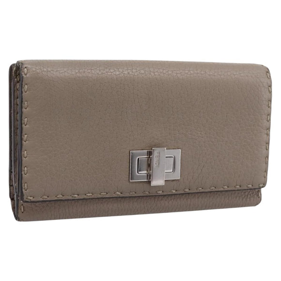 FENDI Celeria Long Wallet Leather Beige Silver 8M0308 Auth BA15601