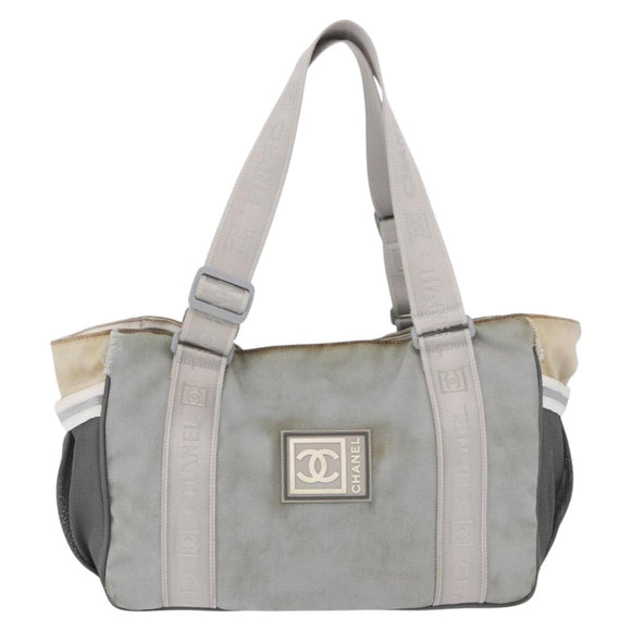 CHANEL Sports Tote Bag Canvas Gray Silver CC Auth BA15608