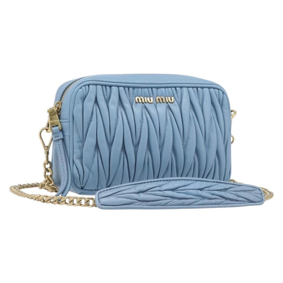 Miu Miu Matelasse Chain Shoulder Bag Leather 2way Light Blue Gold Auth BA15627V