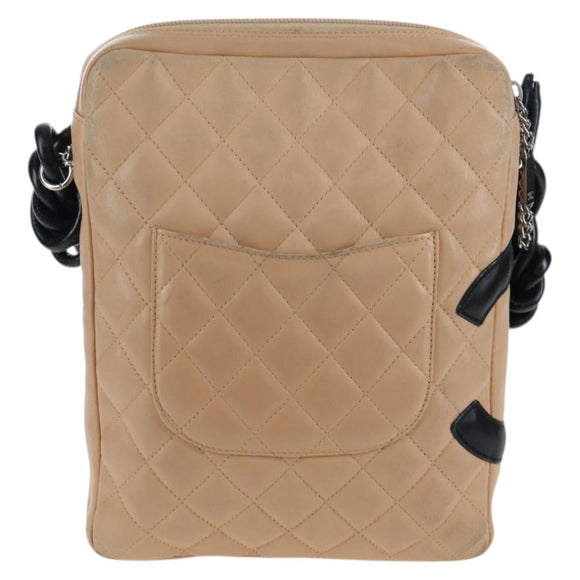 CHANEL Matelasse Cambon Line Shoulder Bag Leather Beige Silver CC Auth BA15637