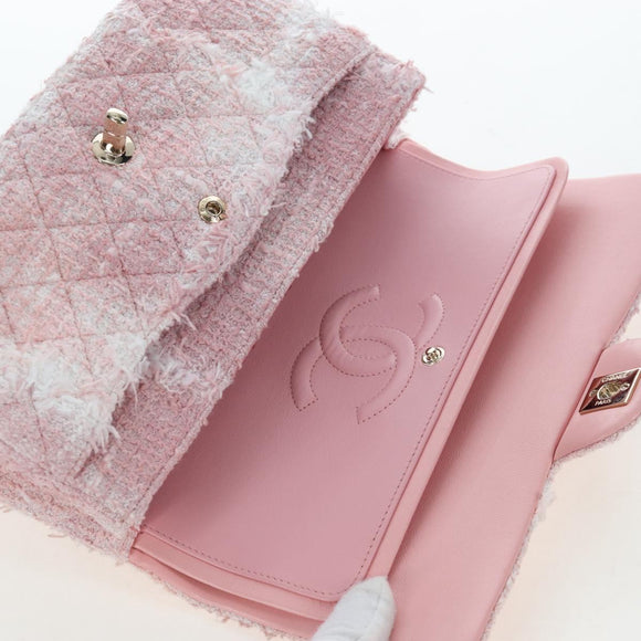 CHANEL Double Flap Chain Matelasse 25 Bag Tweed Pink Gold CC Auth BA15645SM