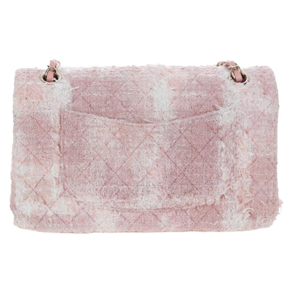 CHANEL Double Flap Chain Matelasse 25 Bag Tweed Pink Gold CC Auth BA15645SM