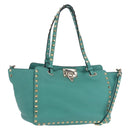VALENTINO Studs Tote Bag Leather 2way Turquoise Blue Gold Auth BA15656A-1