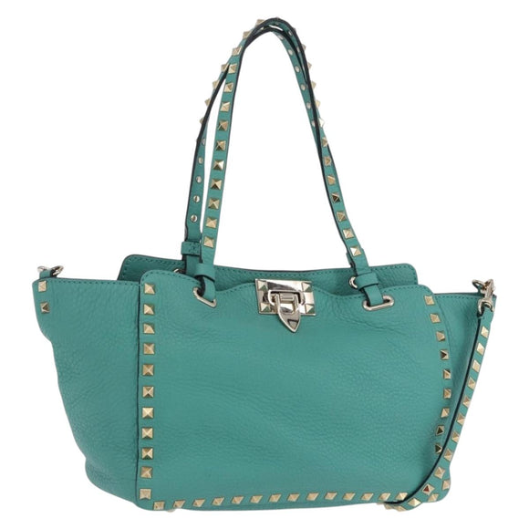 VALENTINO Studs Tote Bag Leather 2way Turquoise Blue Gold Auth BA15656A